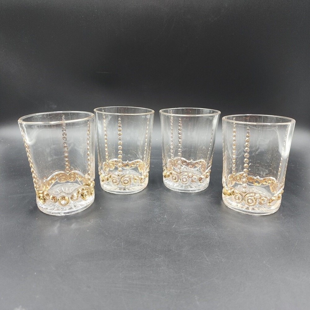 EAPG Bead and Scroll Riverside Glasses Antique Clear and Gold Glases Set of 4